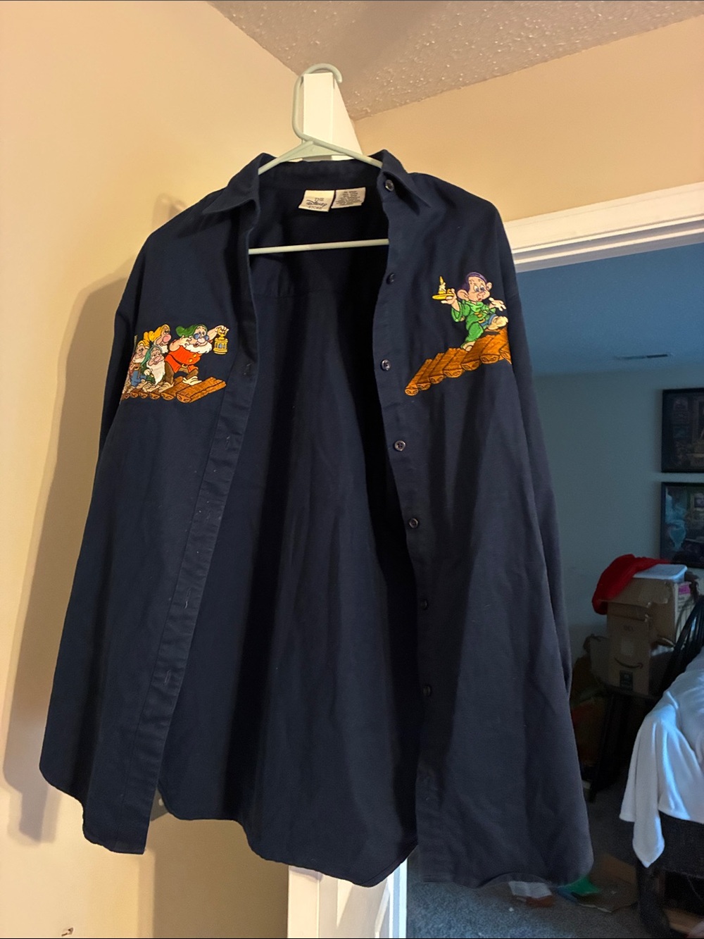 Disney Navy Button-Down Shirt with Embroidered Seven Dwarfs